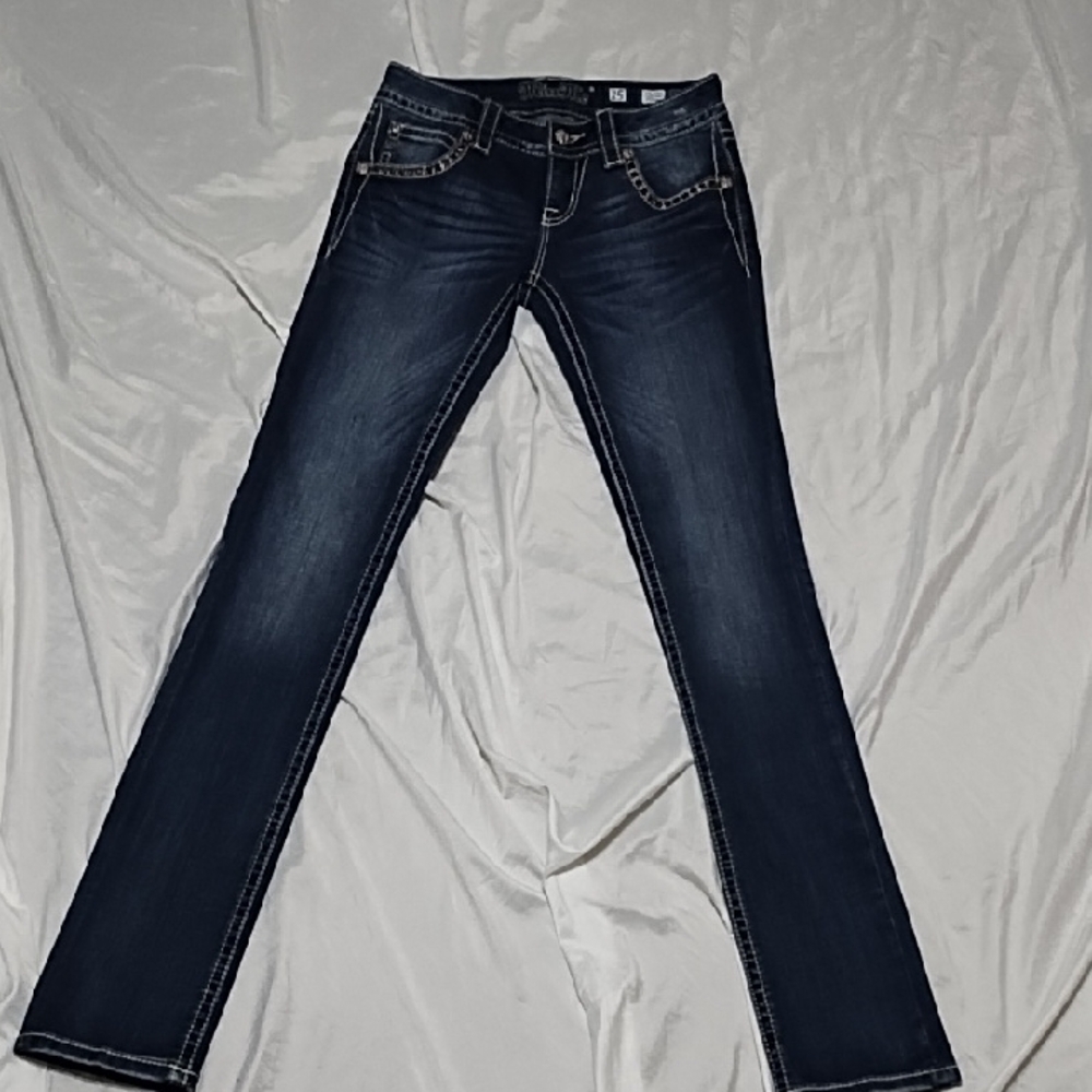 Miss Me Dark Wash Jeans with Embellishments And Flaps On Pockets, Sz 25 - Picture 2 of 8